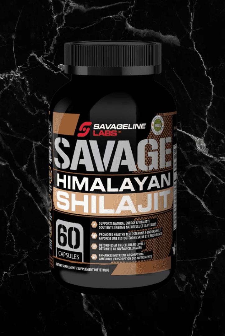 Savageline Labs Himalayan SHILAJIT Capsules bottle with 60 capsules, 750mg per serving for energy, endurance, detox, and testosterone support.