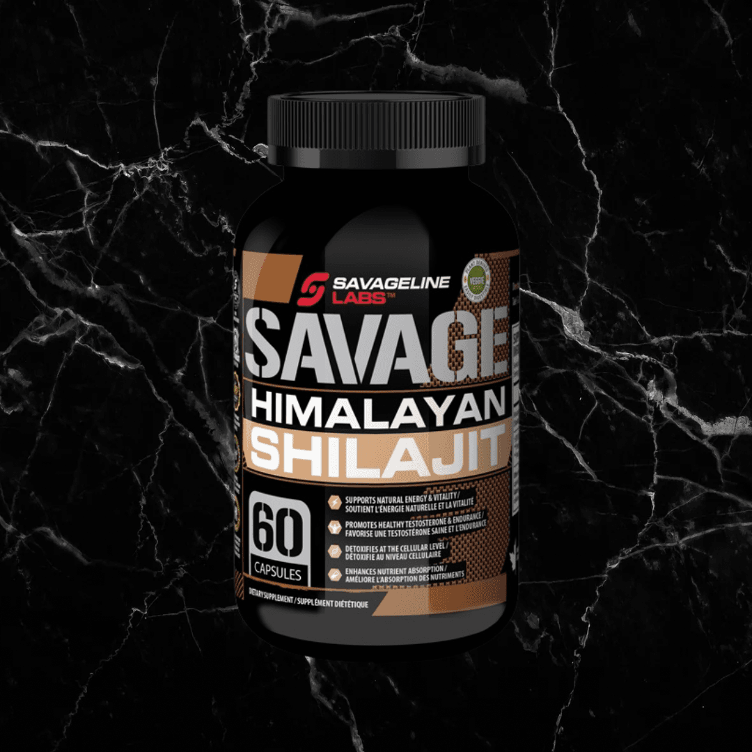 Savageline Labs Himalayan SHILAJIT Capsules bottle with 60 capsules, 750mg per serving for energy, endurance, detox, and testosterone support.