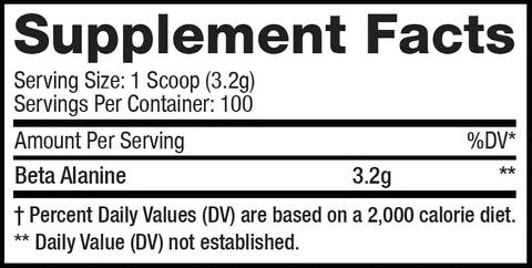 Supplement Facts label for Beta Alanine Revolution showing 3.2g of beta alanine per 1 scoop serving, with 100 servings per container.