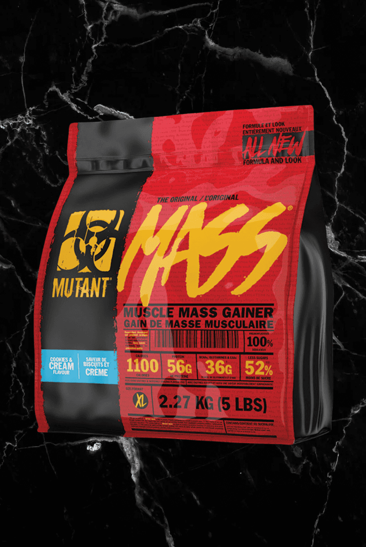 Cookies and Cream Mutant Mass Gainer, 2.27kg bag with 1,100 calories and 56g protein, ideal for bulking and strength training support.
