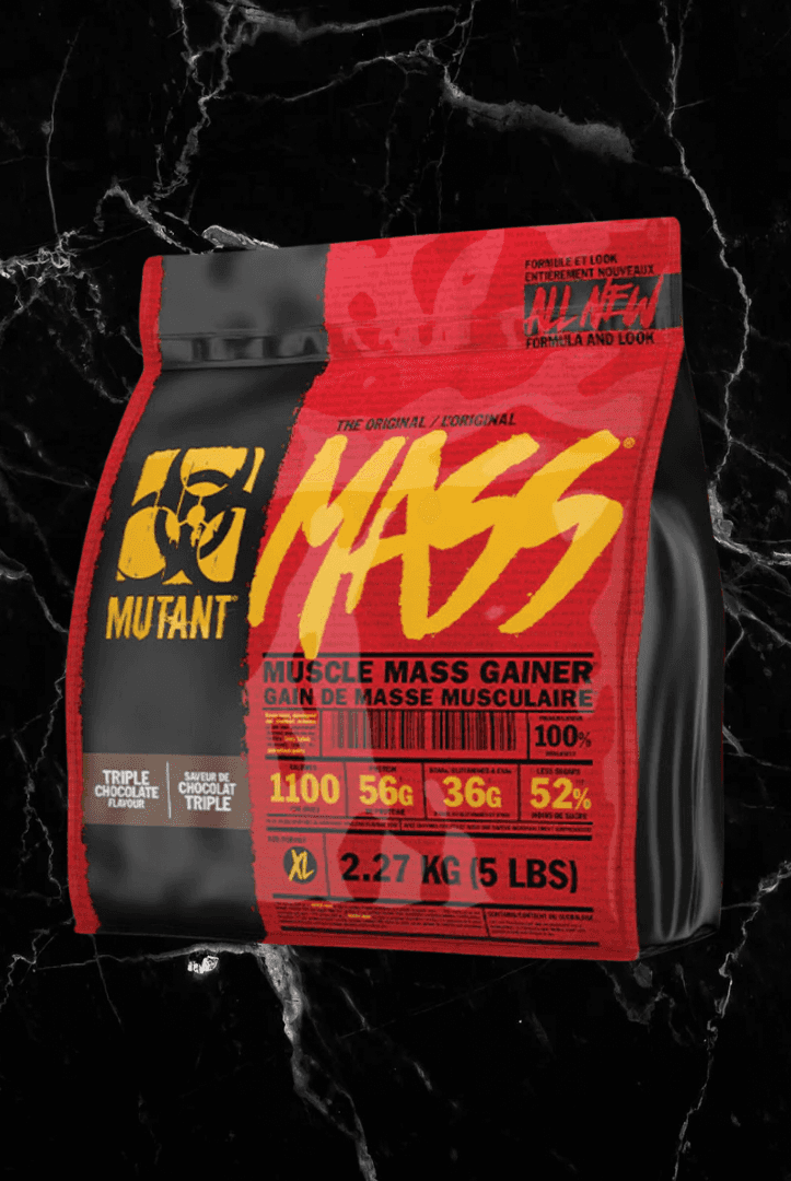 High-calorie Mutant Mass Gainer in Triple Chocolate, 2.27kg with 56g protein and 52% daily intake of essential nutrients for muscle mass.