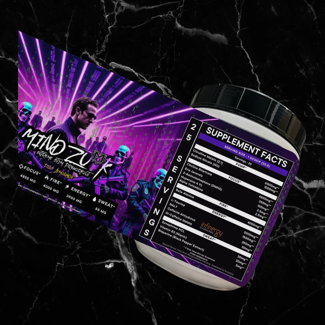 Mindfu k Stim Pre-Workout - Extreme Supplement by Project M with neon cyberpunk label design. Boost focus and energy with 400 mg caffeine and 25 servings.