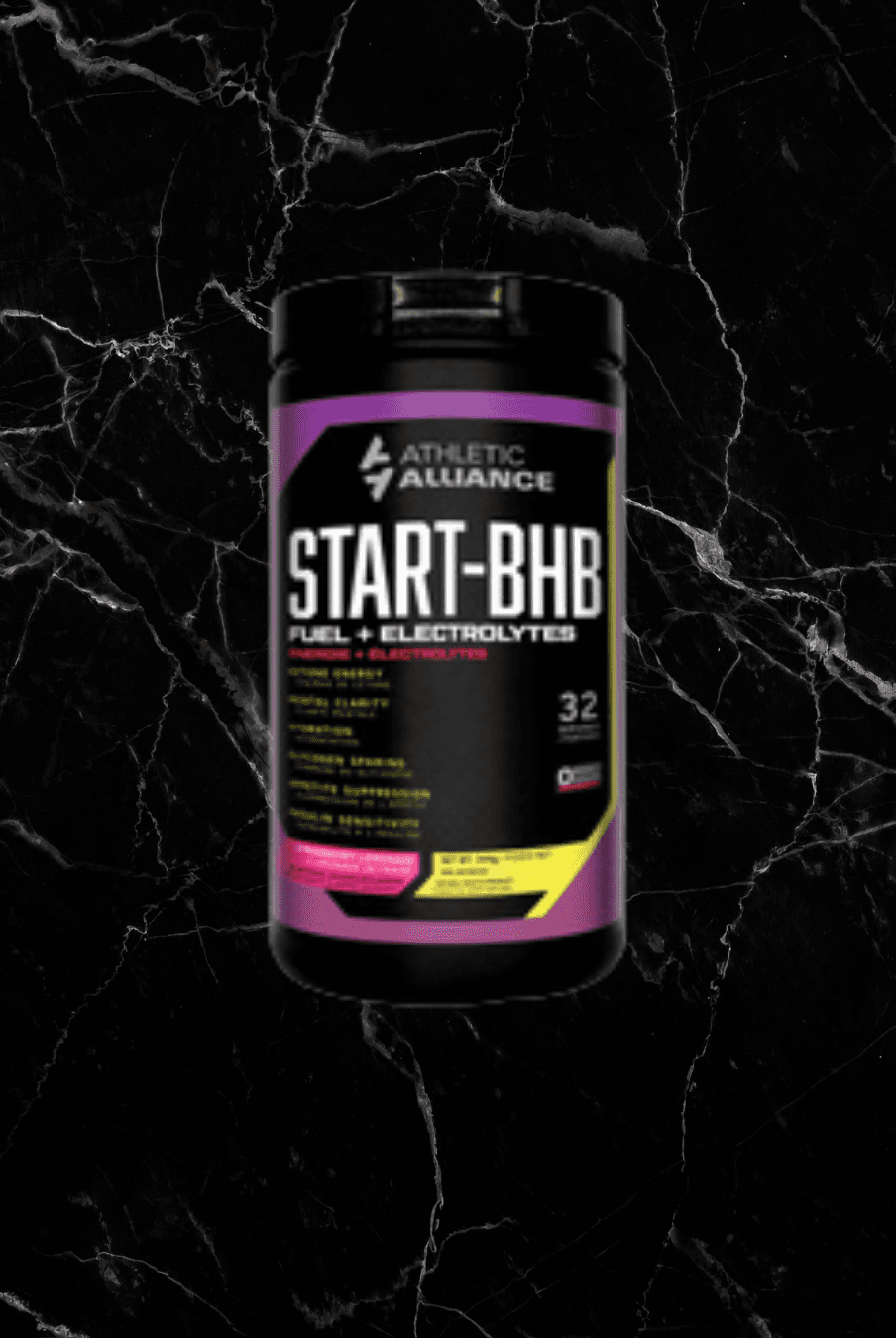 Athletic Alliance Start-BHB Strawberry Lemonade keto energy supplement with electrolytes, designed to boost energy and hydration during ketosis.