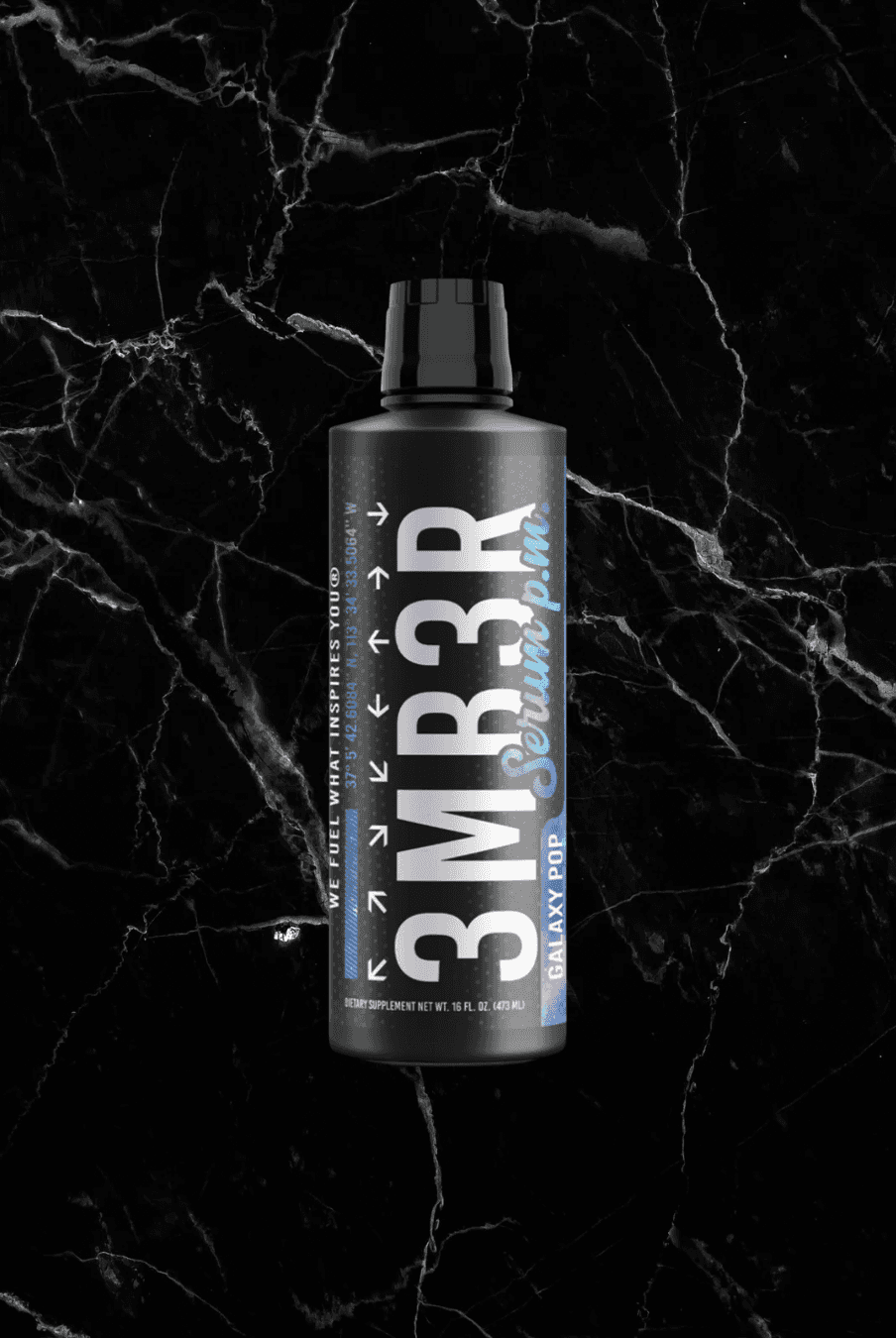 3MBER:SERUM PM - Night-Time Muscle Support | Metabolism Booster in Galaxy Pop flavor, black bottle with blue accents on marble background.