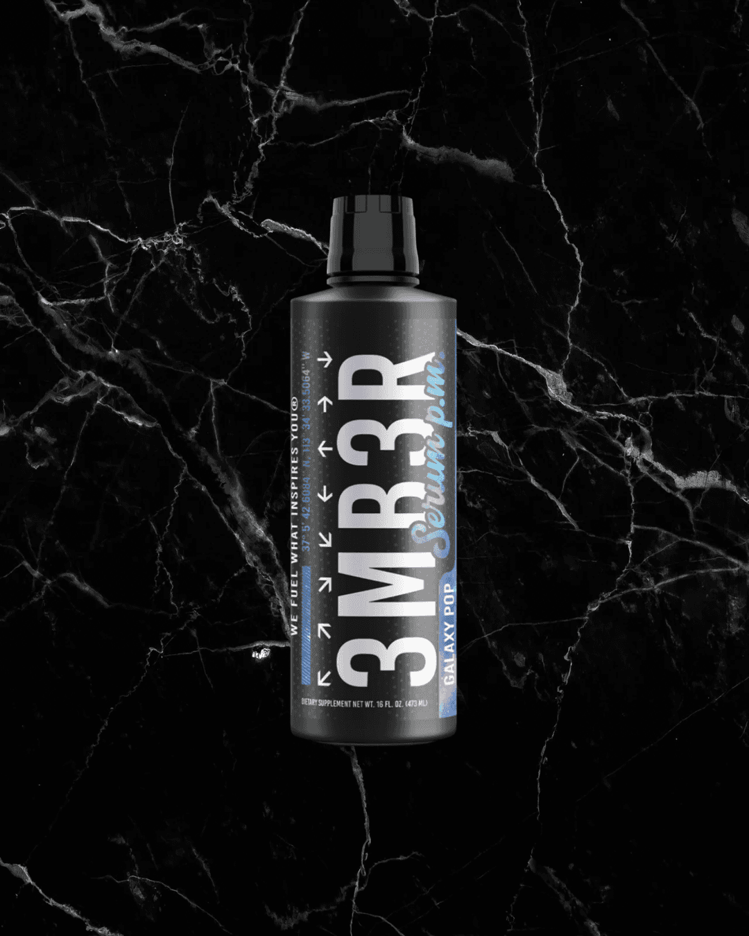 3MBER:SERUM PM - Night-Time Muscle Support | Metabolism Booster in Galaxy Pop flavor, black bottle with blue accents on marble background.