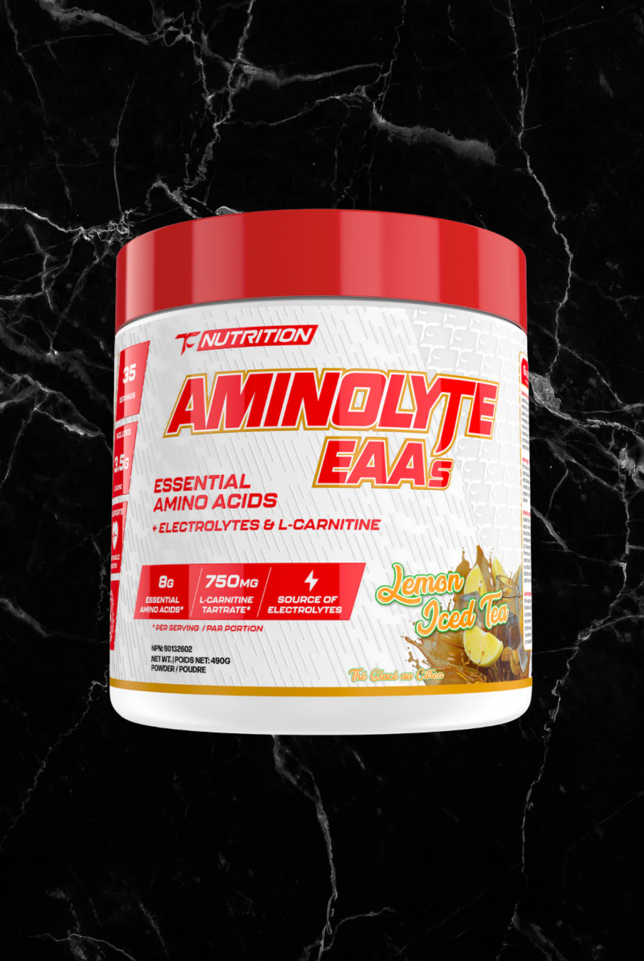TC Nutrition Aminolyte EAAs Lemon Iced Tea flavor with essential amino acids and electrolytes to boost workout recovery and hydration.