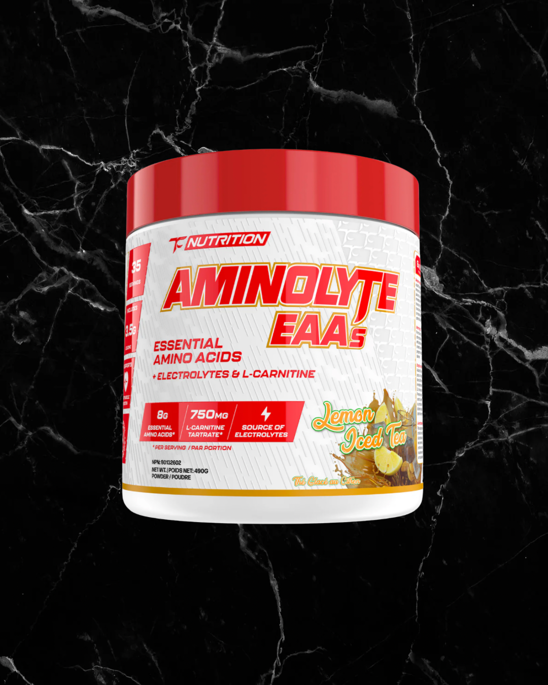 TC Nutrition Aminolyte EAAs Lemon Iced Tea flavor with essential amino acids and electrolytes to boost workout recovery and hydration.