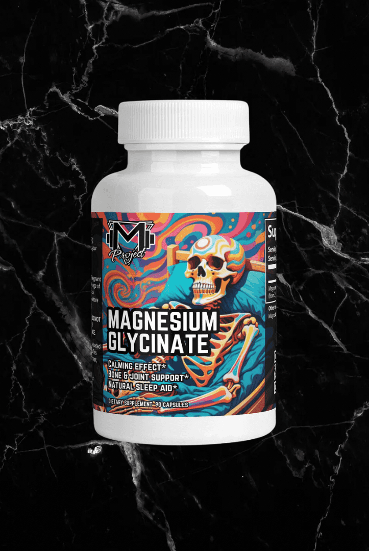 Magnesium Glycinate - Benefits & Uses | 90 Capsules bottle with vibrant skeleton artwork, promoting calm, sleep aid, and bone support supplement.