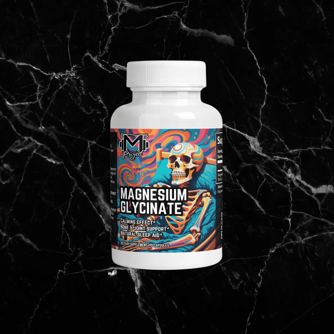 Magnesium Glycinate - Benefits & Uses | 90 Capsules bottle with vibrant skeleton artwork, promoting calm, sleep aid, and bone support supplement.