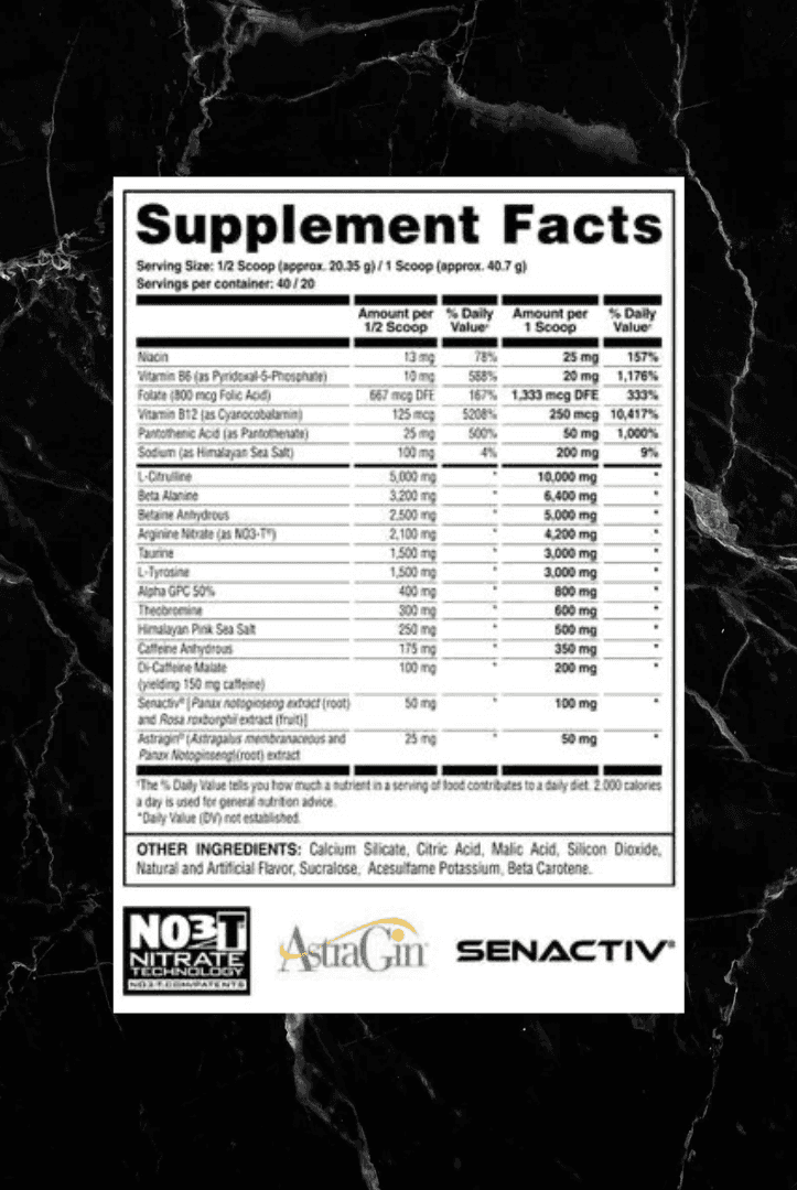 Supplement facts label for Hooligan Pre Workout - Blackberry Mojito showing high-dose ingredients including 550mg caffeine and pump enhancers.