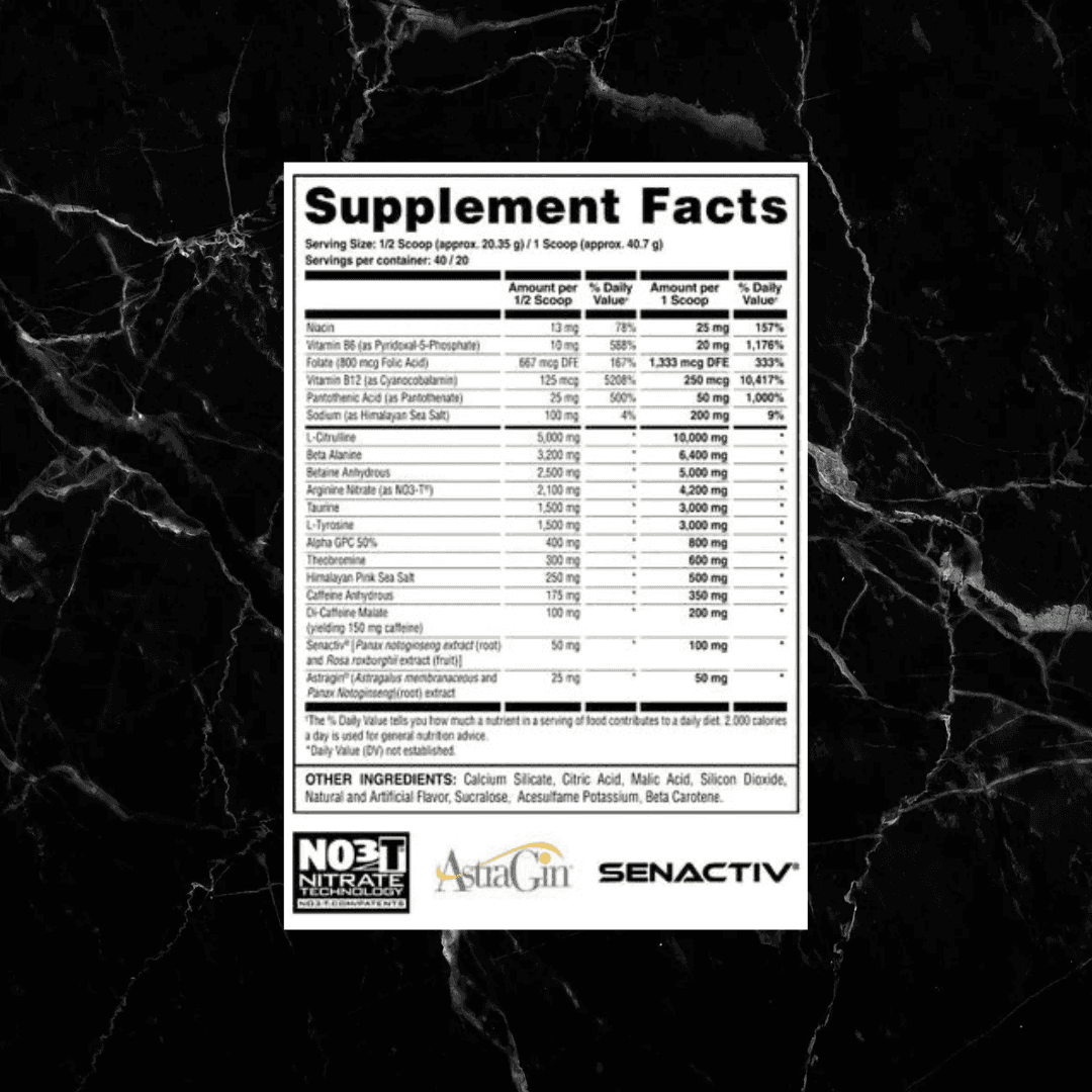 Supplement facts label for Hooligan Pre Workout - Blackberry Mojito showing high-dose ingredients including 550mg caffeine and pump enhancers.