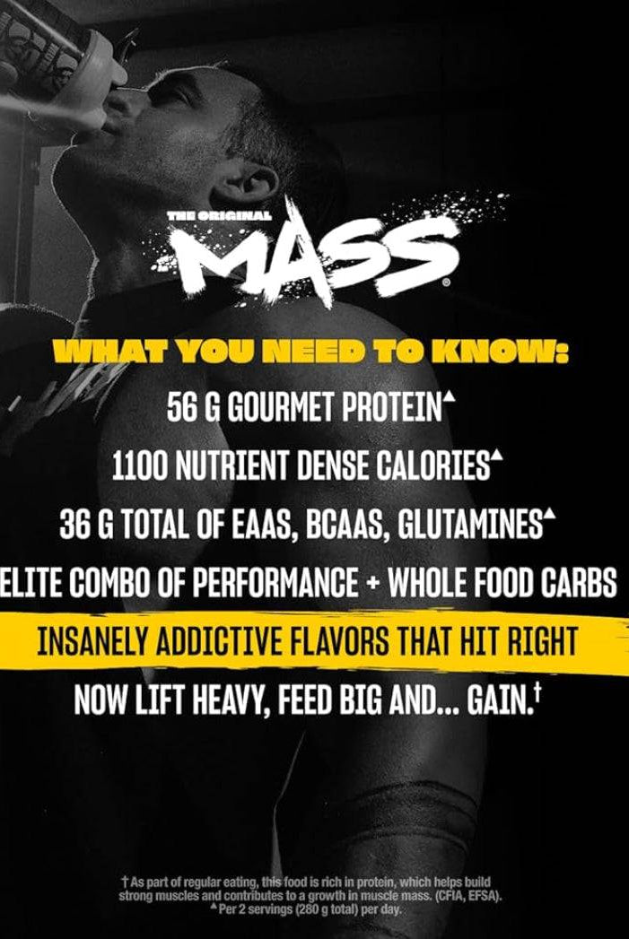 Mutant Mass Gainer benefits infographic highlighting 56g protein, 1,100 calories, EAAs, BCAAs, and whole food carbs for muscle building.