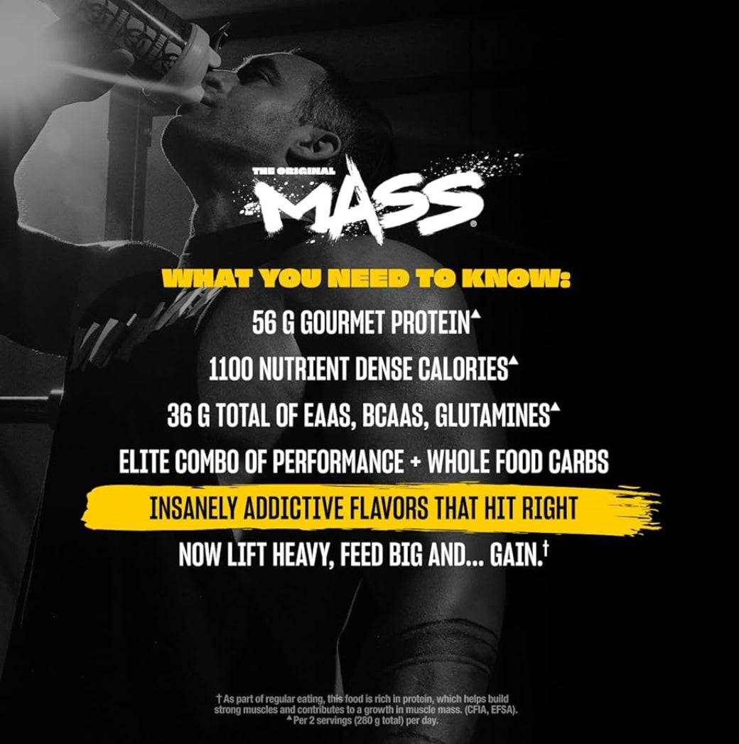 Mutant Mass Gainer benefits infographic highlighting 56g protein, 1,100 calories, EAAs, BCAAs, and whole food carbs for muscle building.