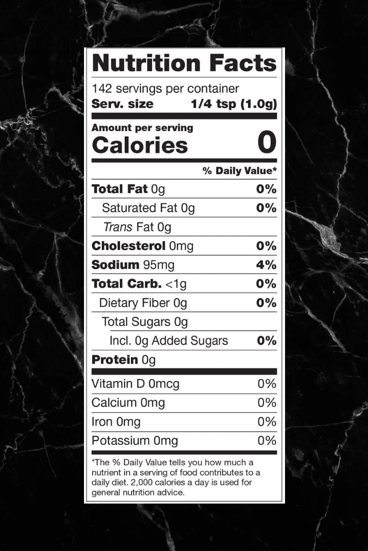 Nutrition facts label for Hickory Stix Seasoning showing zero calories, fat, sugar, and carbs per 1g serving, perfect for health-conscious diets.