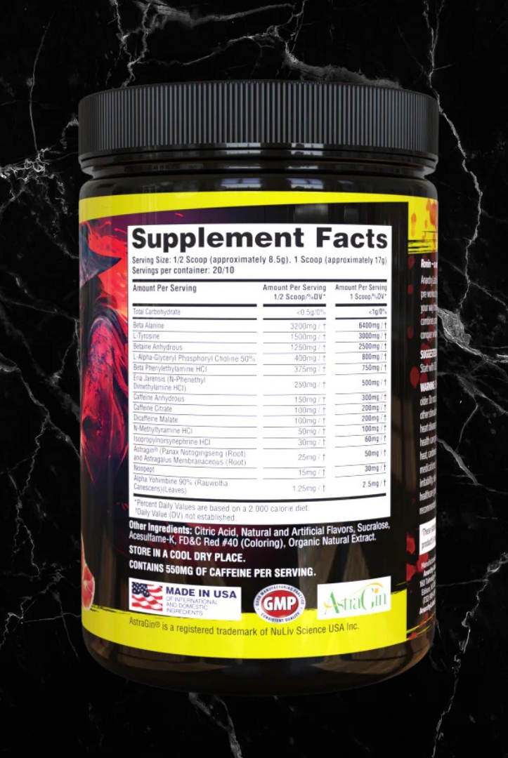 Back label of Anarchy Labs RONIN - Blood Orange pre-workout showing supplement facts, ingredients, and certifications for fitness and nutrition use.