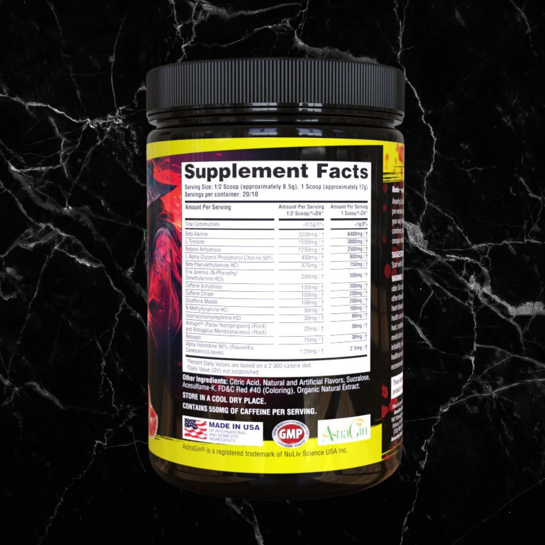 Back label of Anarchy Labs RONIN - Blood Orange pre-workout showing supplement facts, ingredients, and certifications for fitness and nutrition use.