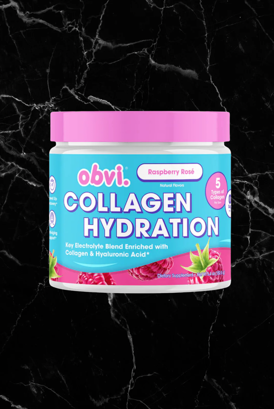 Obvi Hydration Raspberry Rose supplement jar with pink lid, featuring collagen and hydration benefits on a black marble background.