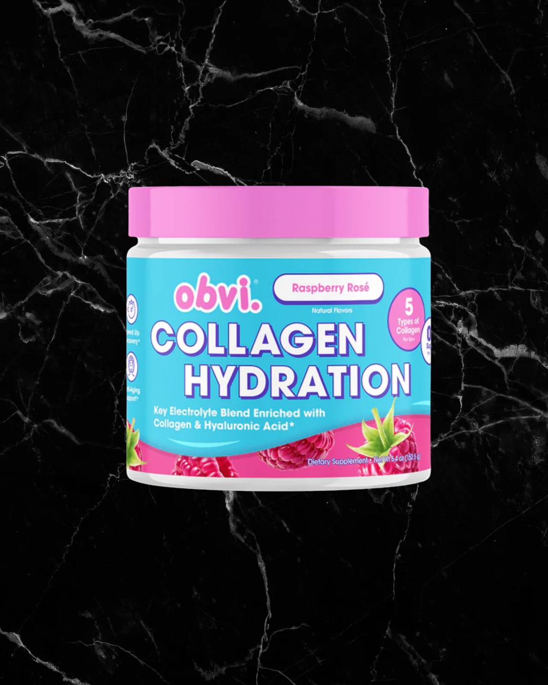 Obvi Hydration Raspberry Rose supplement jar with pink lid, featuring collagen and hydration benefits on a black marble background.