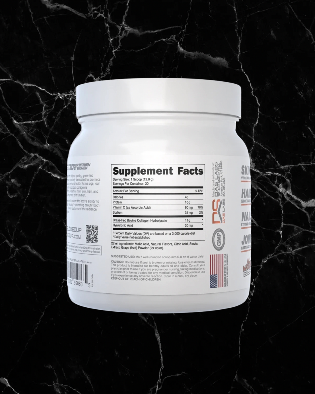 Back label of Babe Collagen Powder Blueberry Pomegranate highlighting supplement facts, ingredients, and manufacturing details.