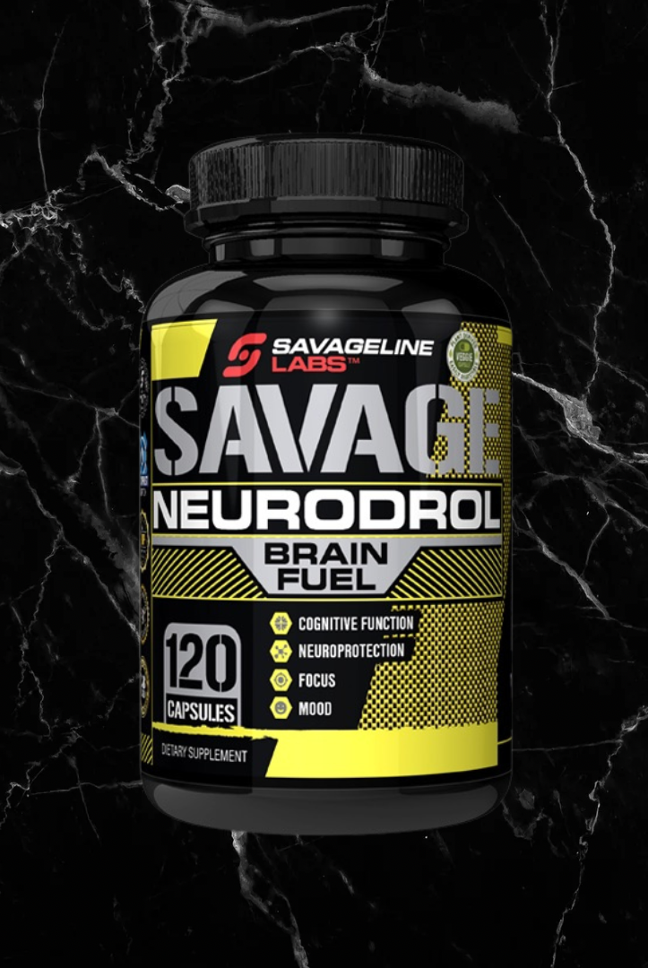 Neurodrol Brain Capsules by Savageline Labs in black and yellow bottle, designed to boost focus, mood, and cognitive function with 120 capsules.