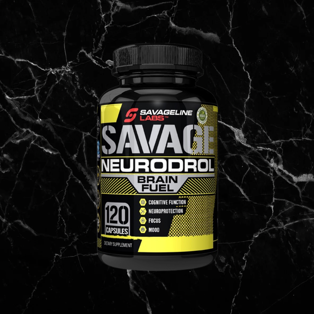 Neurodrol Brain Capsules by Savageline Labs in black and yellow bottle, designed to boost focus, mood, and cognitive function with 120 capsules.