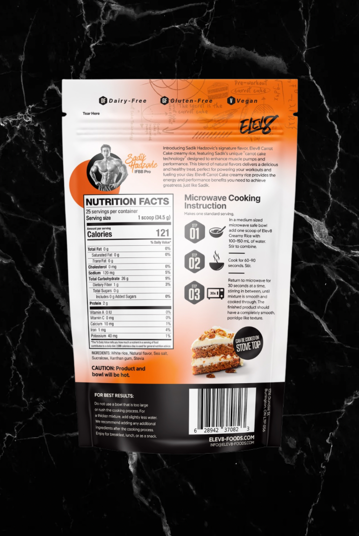 Back of ELEV8 Creamy Rice Carrot Cake pouch featuring Sadik Hadzovic, with nutrition facts and preparation instructions.