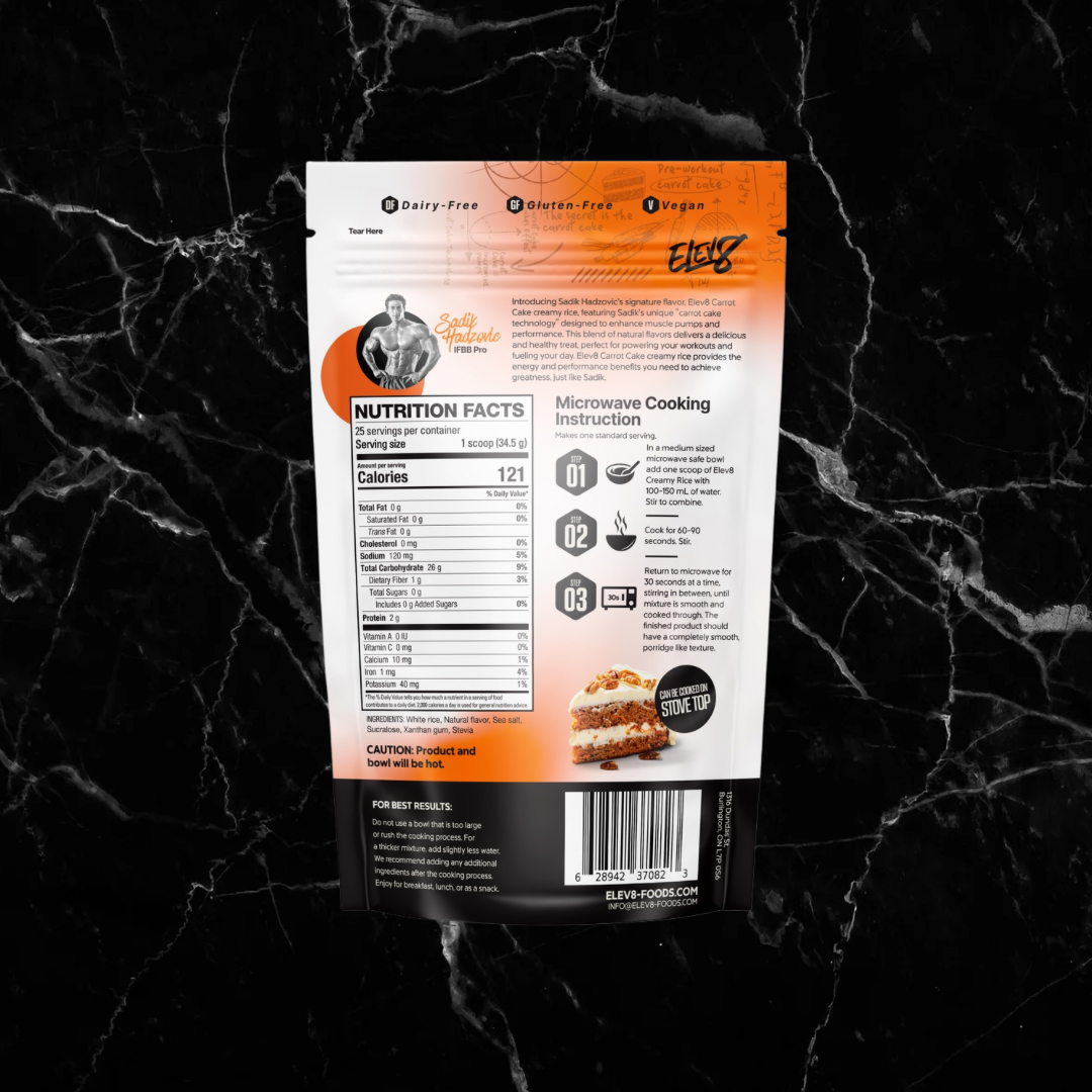 Back of ELEV8 Creamy Rice Carrot Cake pouch featuring Sadik Hadzovic, with nutrition facts and preparation instructions.