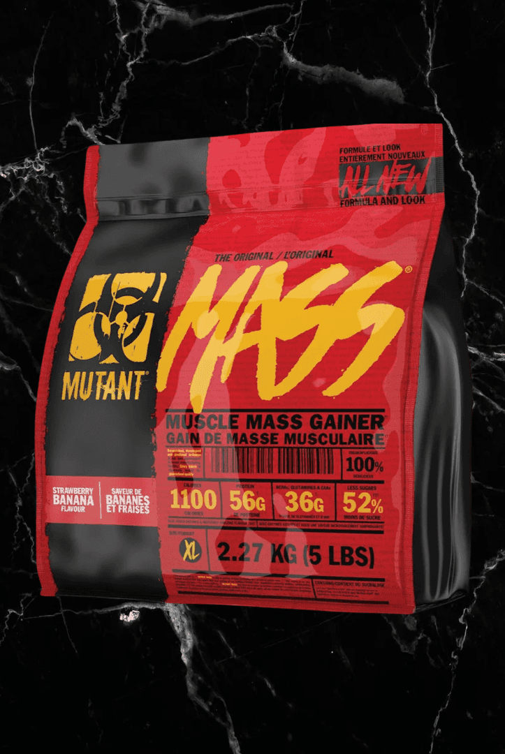 Mutant Mass Gainer Banana Strawberry flavor, 2.27kg pack offering 1,100 calories and 56g protein per serving for serious mass building.