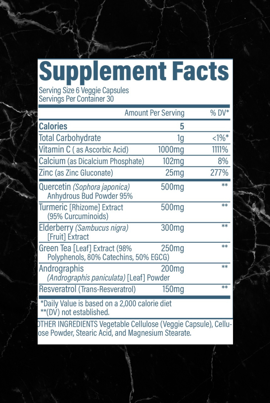 Supplement Facts label for REVIVE Immune Defense Booster showing ingredients like Quercetin, Elderberry, and Green Tea Extract for immune support.