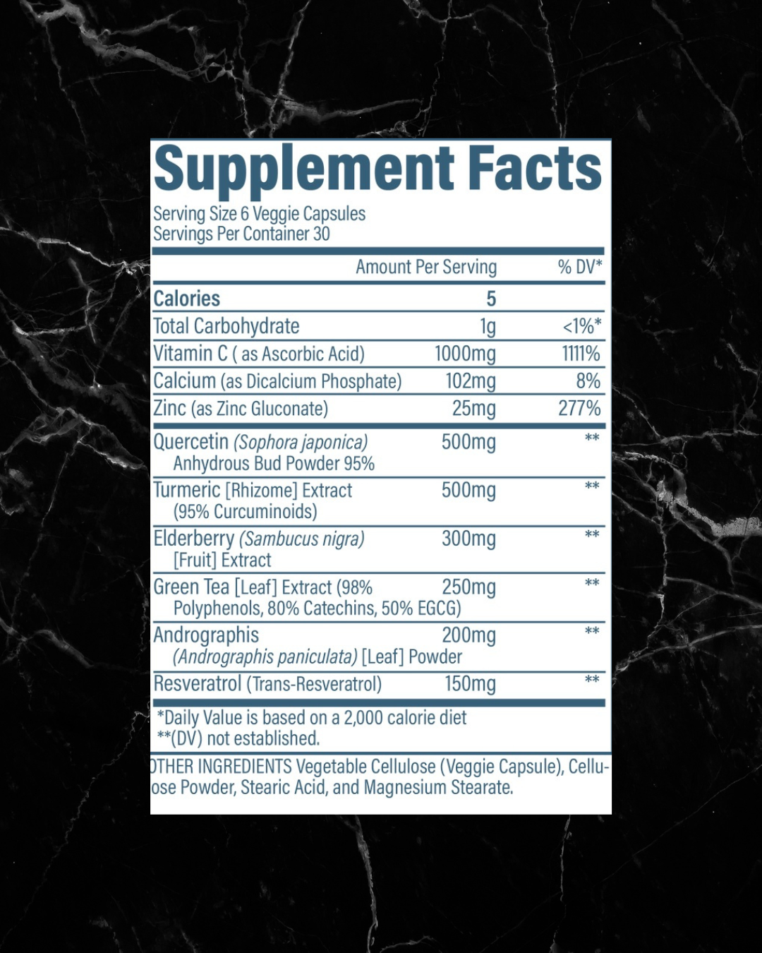 Supplement Facts label for REVIVE Immune Defense Booster showing ingredients like Quercetin, Elderberry, and Green Tea Extract for immune support.