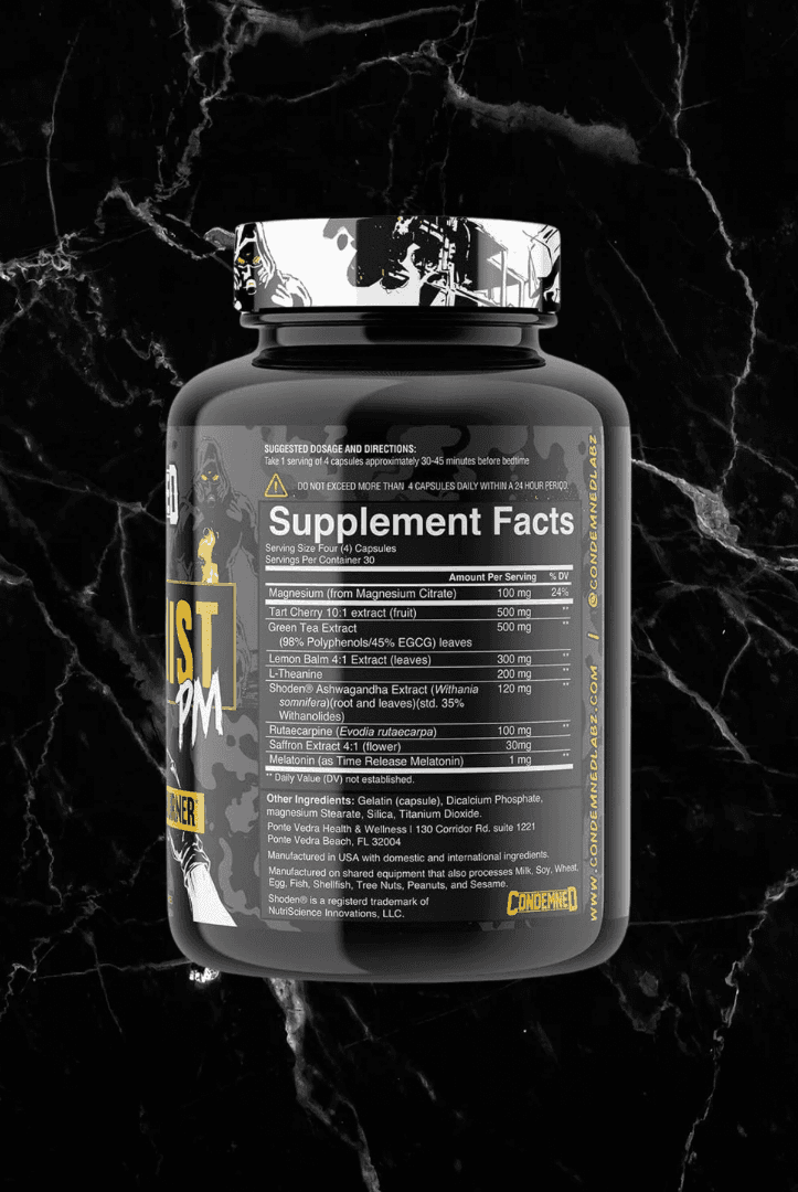 Back label of ARSYNIST PM nighttime burner capsules showing supplement facts and ingredients. Ideal for health and fitness nutrition routines.