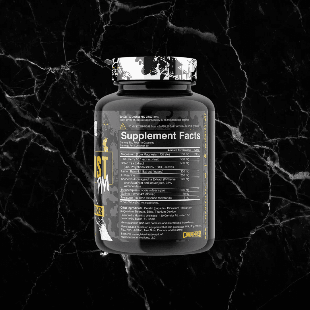 Back label of ARSYNIST PM nighttime burner capsules showing supplement facts and ingredients. Ideal for health and fitness nutrition routines.