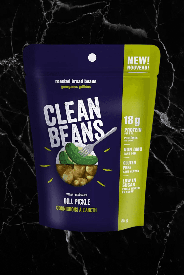 Clean Beans Dill Pickle flavour vegan protein snack with 18g protein. Roasted broad beans ideal for healthy snacking and muscle support.