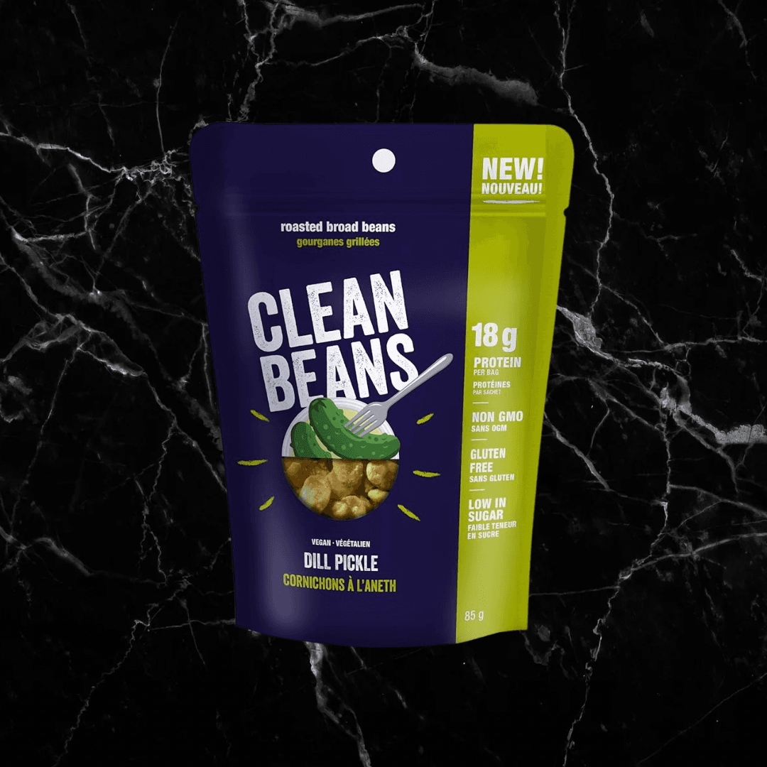 Clean Beans Dill Pickle flavour vegan protein snack with 18g protein. Roasted broad beans ideal for healthy snacking and muscle support.