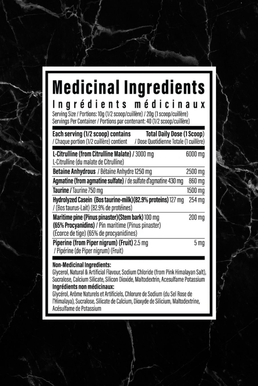 Supplement facts label for TC Nutrition Pump - Non Stim showing ingredients like L-Citrulline, Betaine, and VasoDrive-AP for muscle pump and strength.