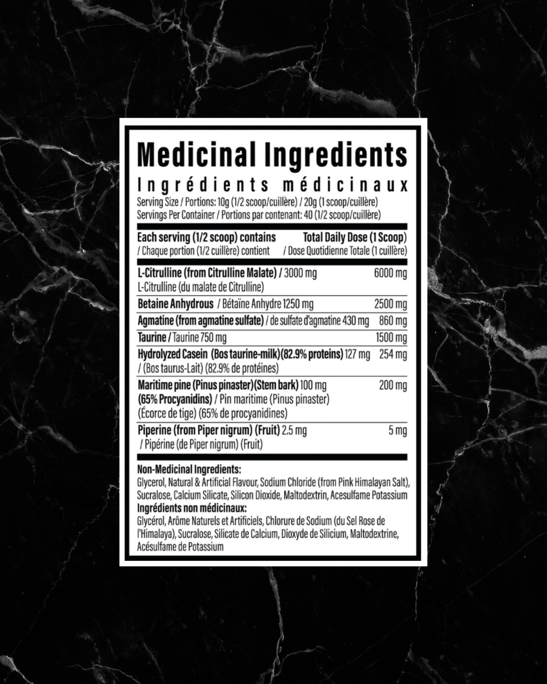 Supplement facts label for TC Nutrition Pump - Non Stim showing ingredients like L-Citrulline, Betaine, and VasoDrive-AP for muscle pump and strength.