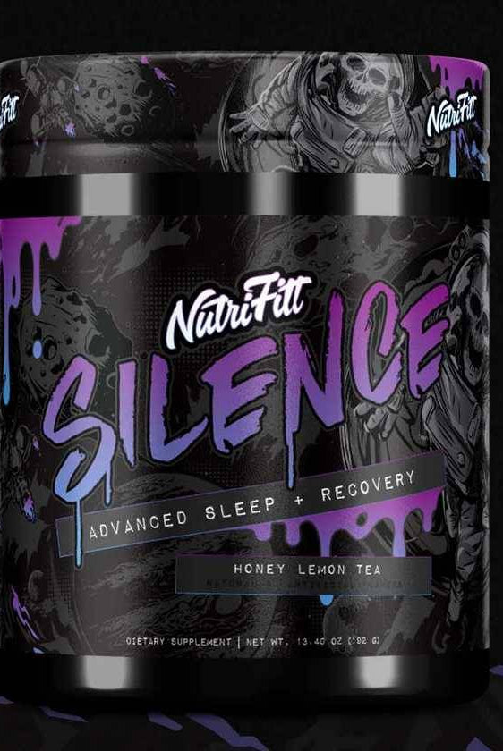 Nutrifitt Silence Honey Lemon Tea supplement for advanced sleep and recovery in a black and purple container, ideal for nighttime relaxation.
