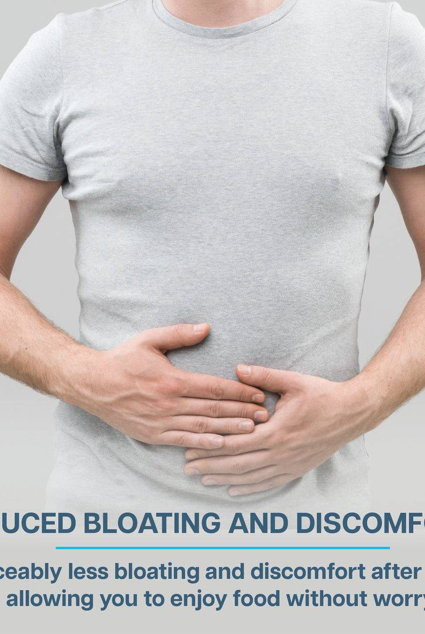 Man holding stomach in relief, illustrating reduced bloating and discomfort after meals with Revive Zinc Carnosine digestive support.