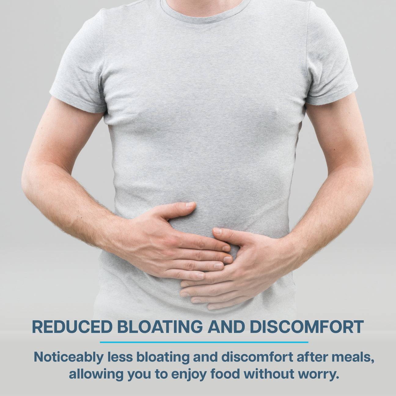 Man holding stomach in relief, illustrating reduced bloating and discomfort after meals with Revive Zinc Carnosine digestive support.