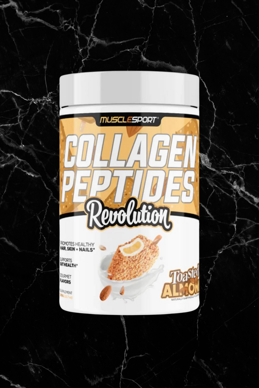 MuscleSport Collagen Peptides Revolution Toasted Almond supplement jar with collagen creamer label on black marble background. Ideal for drinks or baking.