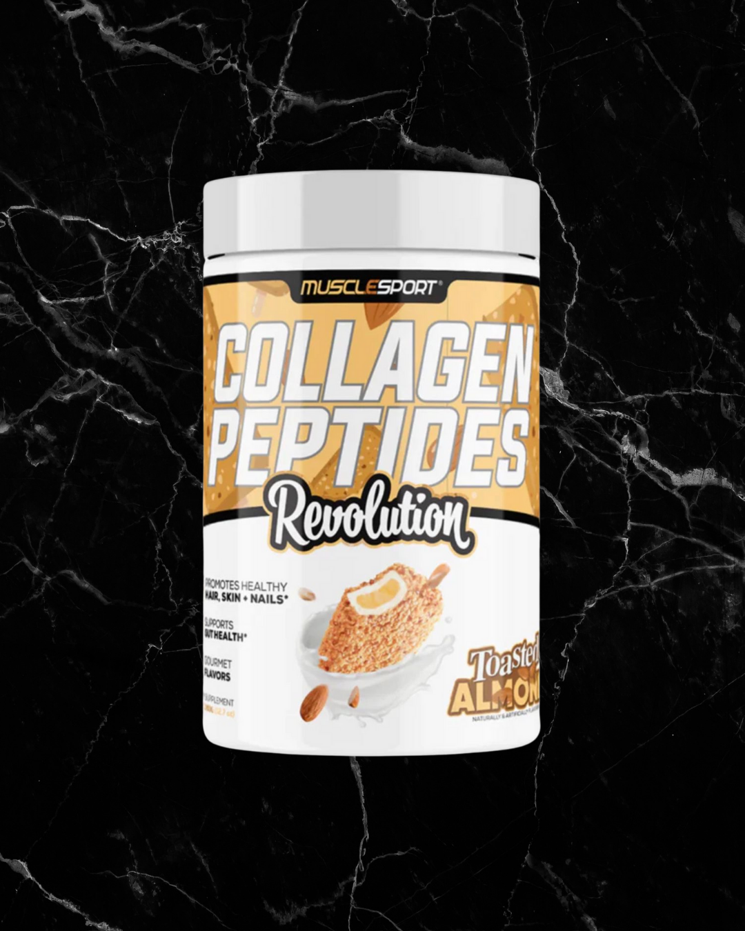 MuscleSport Collagen Peptides Revolution Toasted Almond supplement jar with collagen creamer label on black marble background. Ideal for drinks or baking.