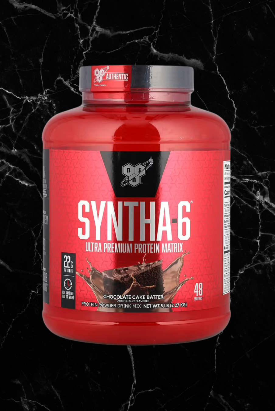 BSN SYNTHA-6 Protein Powder Chocolate Cake Batter flavor, 48 servings with 22g protein per scoop, premium whey blend for fitness nutrition.