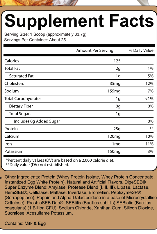 Nutrifitt Epic Whey Protein Supplement Facts label showing 25g protein per serving and digestive enzyme blend. Ideal for fitness and muscle recovery support.