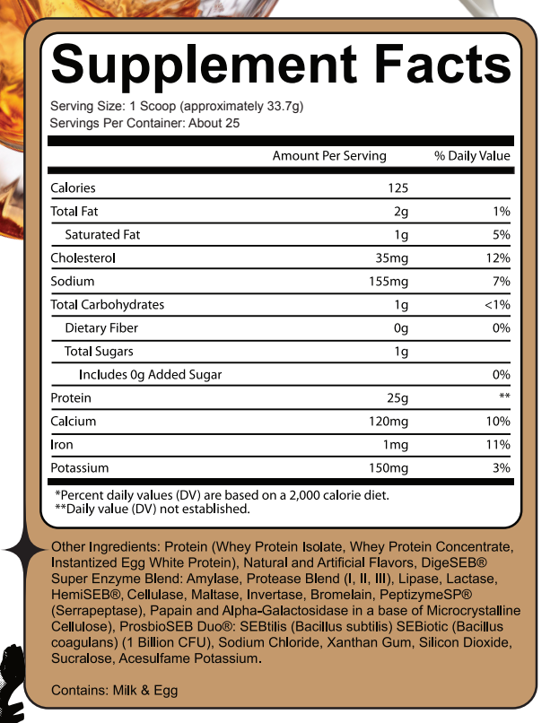 Nutrifitt Epic Whey Protein Supplement Facts label showing 25g protein per serving and digestive enzyme blend. Ideal for fitness and muscle recovery support.
