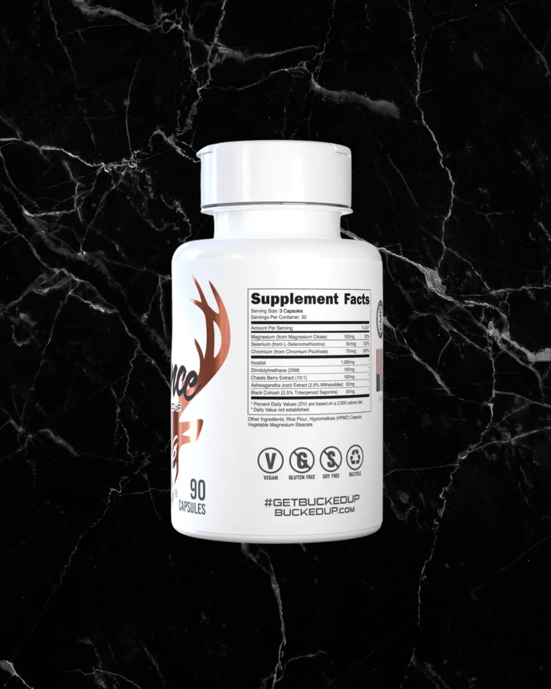 Side view of Babe Balance by BUCKED UP showing supplement facts and certifications like vegan, gluten-free, and non-GMO on a black marble background.