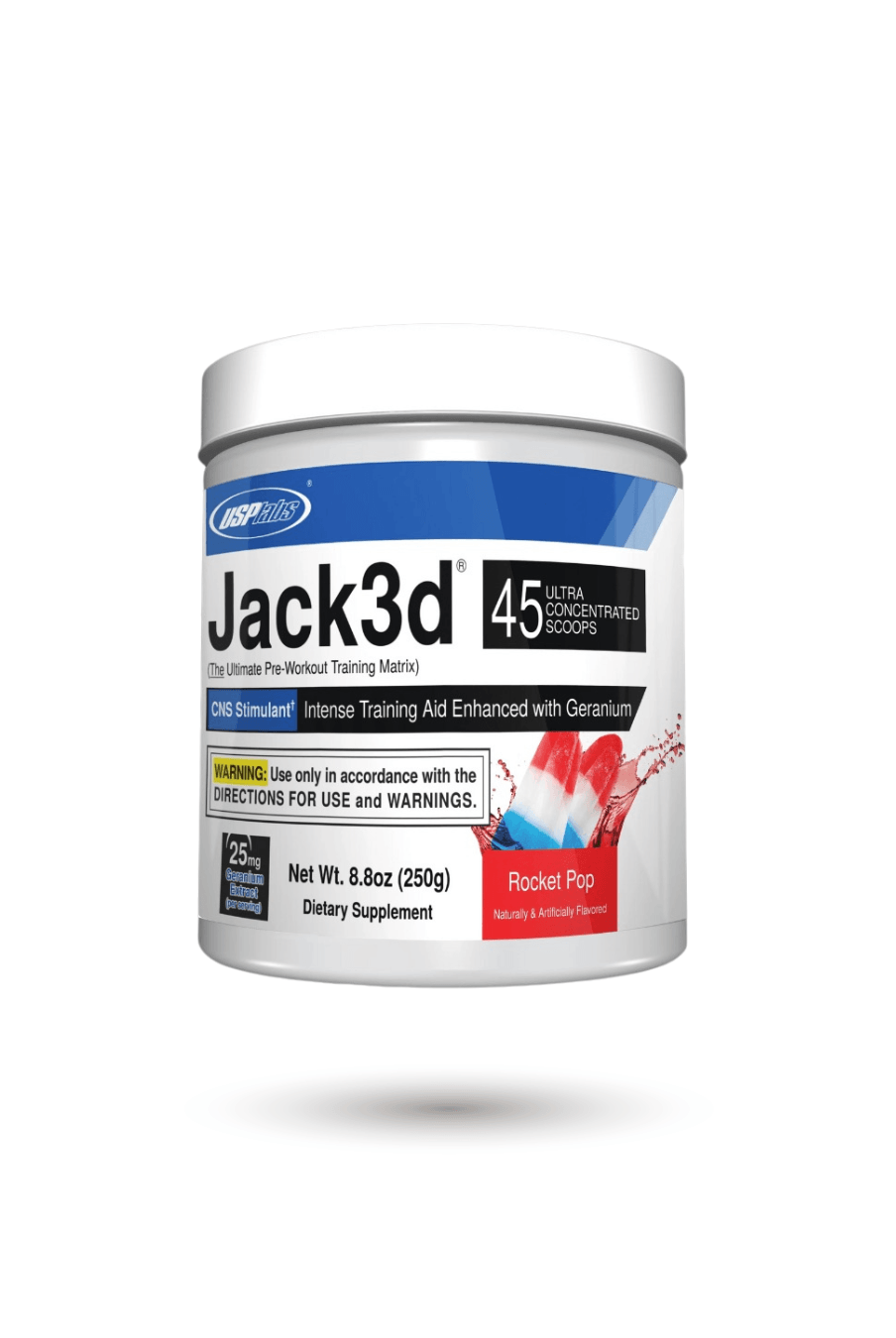 USP Labs Jack3d DMHA Pre-Workout Rocket Pop flavor with 45 servings for energy and focus. Extreme pre-workout for intense training sessions.