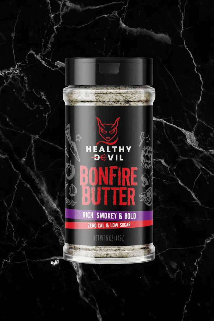 Bonfire Butter Seasoning - Smokey Depth Spice by Healthy Devil in a 5 oz bottle, featuring bold, guilt-free gourmet flavors for meats and pasta.