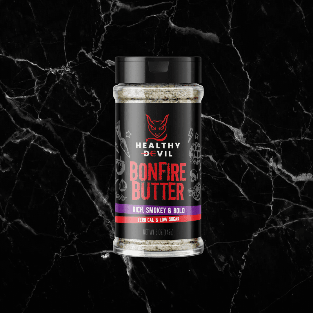 Bonfire Butter Seasoning - Smokey Depth Spice by Healthy Devil in a 5 oz bottle, featuring bold, guilt-free gourmet flavors for meats and pasta.