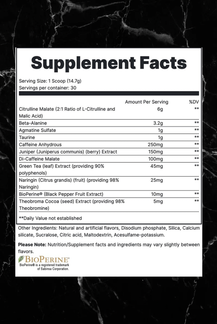 Supplement Facts label for Redcon1 Total War Pre-Workout showing ingredients like Citrulline Malate, Beta-Alanine, and Caffeine Anhydrous.