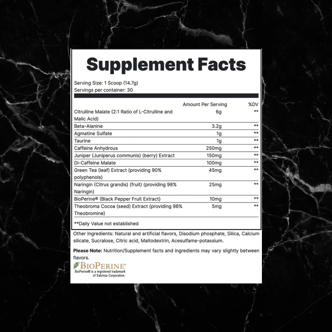 Supplement Facts label for Redcon1 Total War Pre-Workout showing ingredients like Citrulline Malate, Beta-Alanine, and Caffeine Anhydrous.